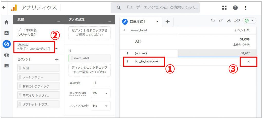 GA4 管理画面 クリックイベントの集計結果