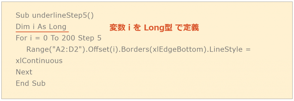 変数iをLong型で定義するコード
