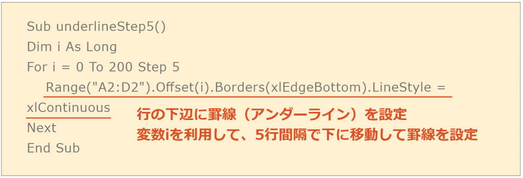 行の下辺に罫線（アンダーライン）を設定。変数iを利用して、5行間隔で下に移動して罫線を設定するコード